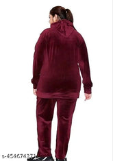 Velvet winter night suit for women - Solid color, long sleeves pyjama set with hoodie and pockets, Indian origin